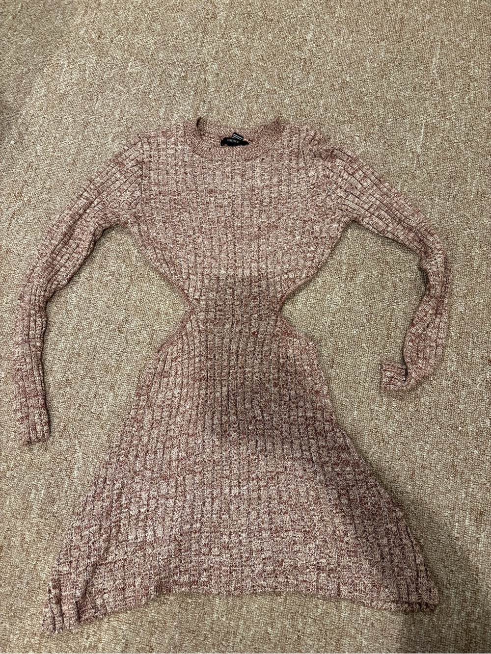 Long-Sleeve Ribbed Knit Sweater Dress in Dusty Rose